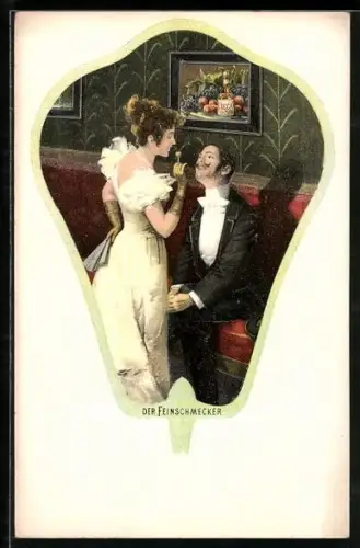 AK Der Feinschmecker, Dame flirtet mit einem Herren