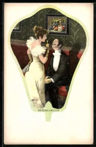 AK Der Feinschmecker, Dame flirtet mit einem Herren