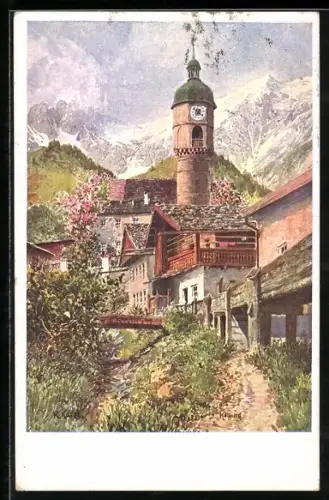 Künstler-AK Innsbruck-Hötting, Ortsansicht mit Kirche