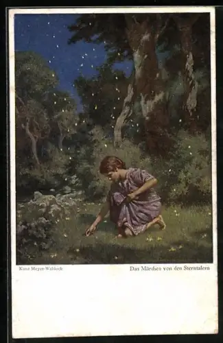 AK Märchen Die Sterntaler, Mädchen sammelt die Taler von der Wiese