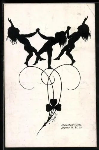 Künstler-AK Diefenbach: Schattenbild Göttl. Jugend, drei Kinder tanzen auf Halmen mit Kleeblatt