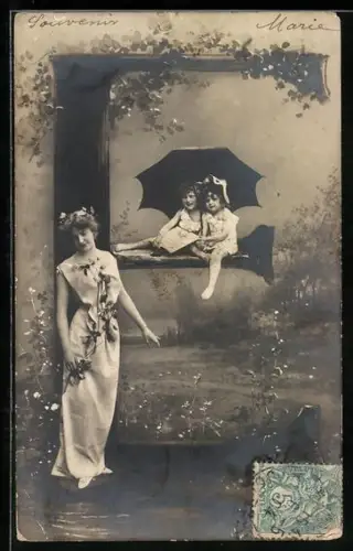 AK Buchstabe E, Montage mit Kindern und Maid