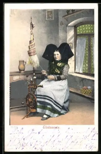 AK Elsässerin in Tracht am Spinnrad