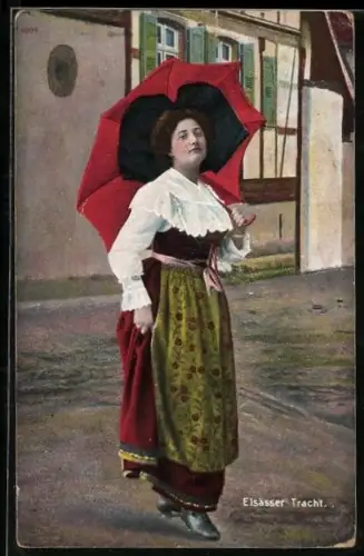 AK Junge Frau in elsass-lothringischer Tracht mit Schirm