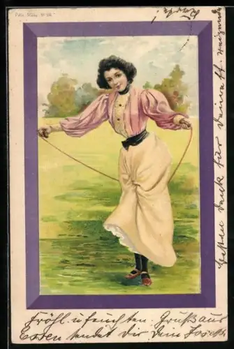 Lithographie eine Frau spielt mit einem Springseil auf der Wiese