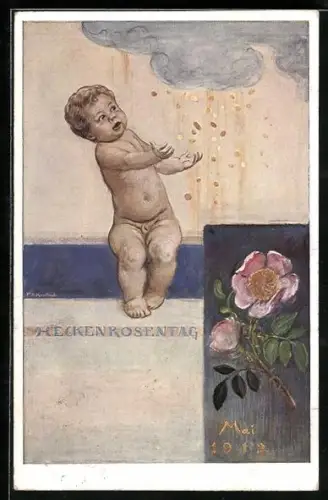 AK München, Heckenrosentag, Mai 1912, Nackter Junge, Geldmünzen fallen aus der Wolke