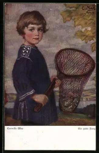 Künstler-AK Corneille Max: Ein guter Fang, Junge mit Netz voller Fischen in den Händen