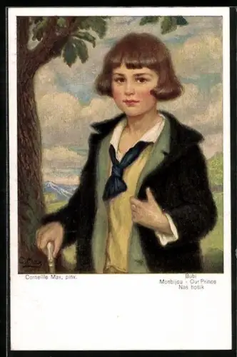 Künstler-AK Corneille Max: Portrait eines Kindes mit Stock, Mantel und Halstuch