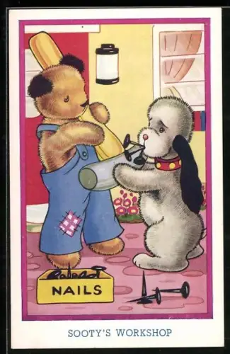 Künstler-AK Comic, Sooty`s Workshop, Plüschtiere bei der Arbeit