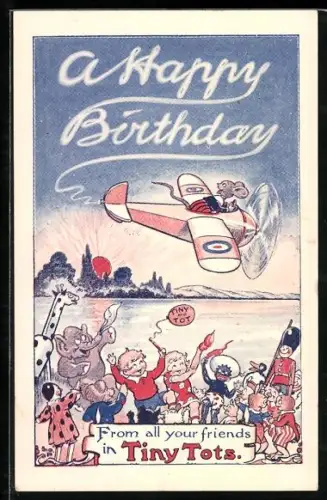AK Maus im Flugzeug wünscht Happy Birthday
