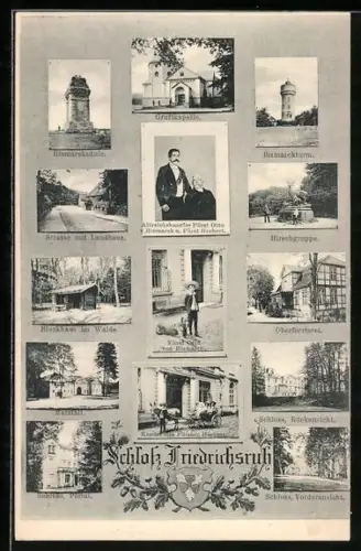 AK Friedrichsruh, Schloss Friedrichsruh, Marstall, Strasse mit Landhaus, Fürst Bismarck u. Fürst Herbert