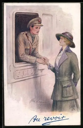 Künstler-AK Au revoir, Soldatenabschied am Bahnabteil