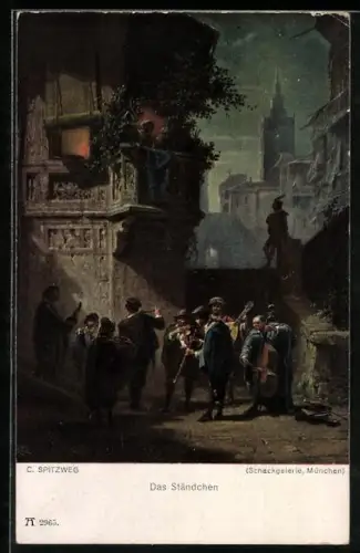 Künstler-AK Carl Spitzweg: Das Ständchen, bei Nacht musizierende Männer