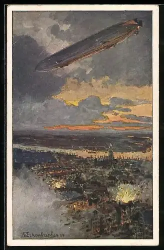 Künstler-AK Themistokles von Eckenbrecher: Antwerpen, Zeppelin überfliegt den bombadierten Ort