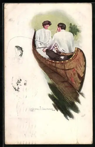 Künstler-AK Clarence F. Underwood: Paar im Boot beim Fischen
