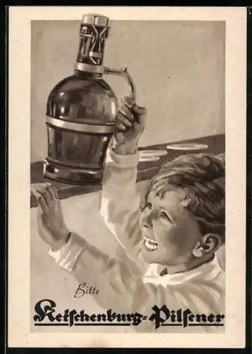 AK Reklame für Ketschenburg-Pilsener, Junge hebt Flasche vom Schrank
