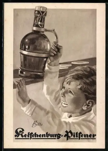 AK Reklame für Ketschenburg-Pilsener, Junge hebt Flasche vom Schrank