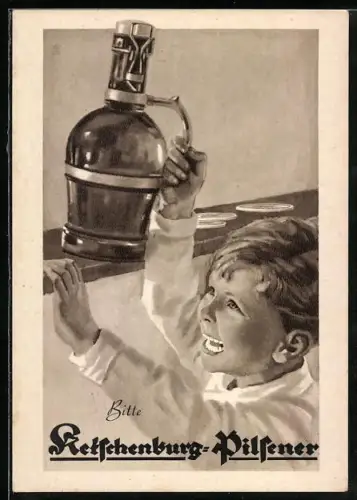 AK Reklame für Ketschenburg-Pilsener, Junge hebt Flasche vom Schrank