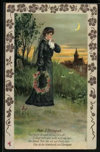 AK O lieb, so lang du lieben kannst, Frau mit Rosenkranz auf dem Friedhof