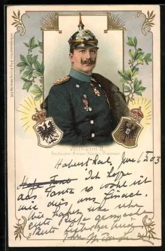 AK Portrait Wilhelm II., Deutscher Kaiser, König v. Preussen mit Wappen