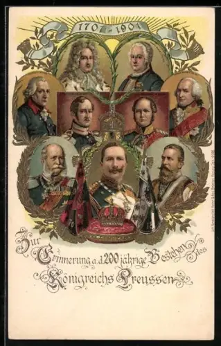 Lithographie Königreich von Preussen, 200jähriges Bestehen, 1701-1901, Friedrich I., Friedrich Wilhelm III.