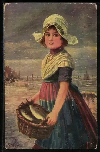 Künstler-AK Imita / A.S.-M. Leipzig Nr. 572: Holländerin in Tracht mit Fischen