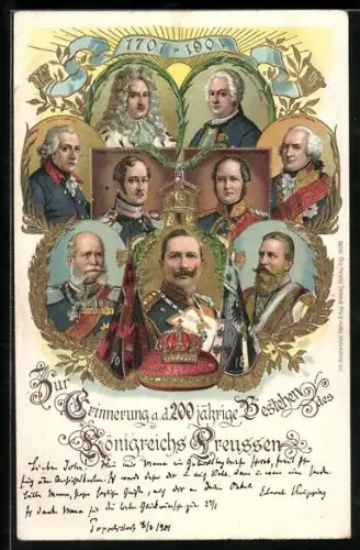 Lithographie Königreich von Preussen, 200jähriges Bestehen, 1701-1901, Friedrich I., Friedrich Wilhelm III.