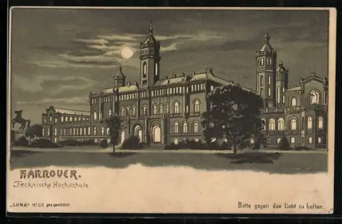 Lithographie Hannover, Technische Hochschule im Mondschein mit beleuchteten Fenstern, Halt gegen das Licht