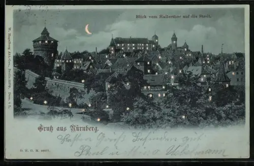 AK Nürnberg, Blick vom Hallerthor auf die Stadt mit beleuchteten Fenstern, Halt gegen das Licht