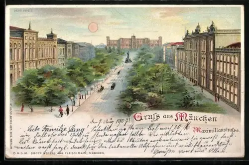 Lithographie München, Maximilianstrasse mit leuchtendem Mond, Halt gegen das Licht