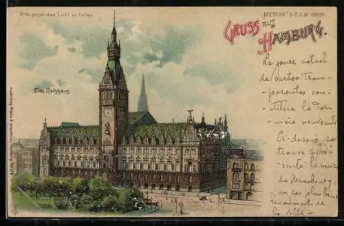 Lithographie Hamburg, Partie am Rathaus, im Gegenlicht bei Nacht, Halt gegen das Licht