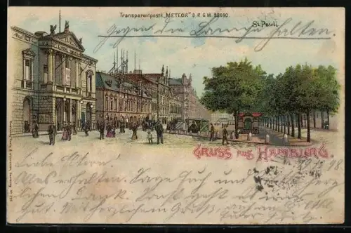 Lithographie Hamburg, Partie an der Central Halle, Mondschein und Tänzerin im Gegenlicht, Halt gegen das Licht