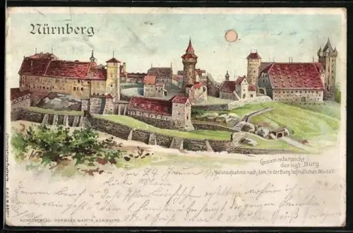 Lithographie Nürnberg, Ansicht der kgl. Burg mit leuchtendem Mond, Halt gegen das Licht