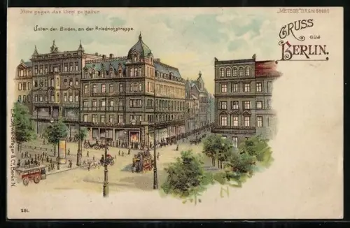 Lithographie Berlin, Unter den Linden an der Friedrichstrasse, Pferdebahn, im Gegenlicht bei Mondschein