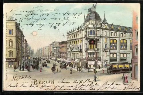 Lithographie Berlin, Strassenbahn in der Friedrichstrasse Ecke Leipzigerstrasse mit leuchtenden Fenstern und Mond