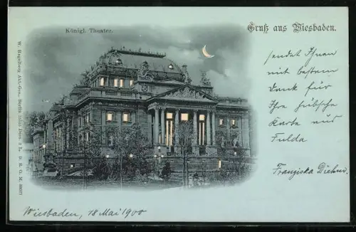 AK Wiesbaden, Königl. Theater mit leuchtenden Fenstern und Mond, Halt gegen das Licht
