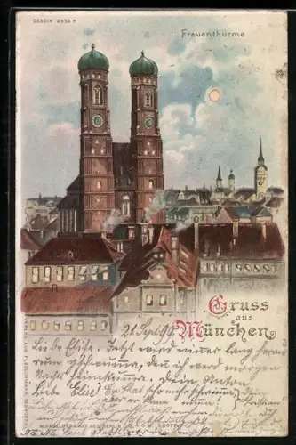 Lithographie München, Die Frauentürme, im Gegenlicht mit leuchtenden Fenstern und Mond, Halt gegen das Licht