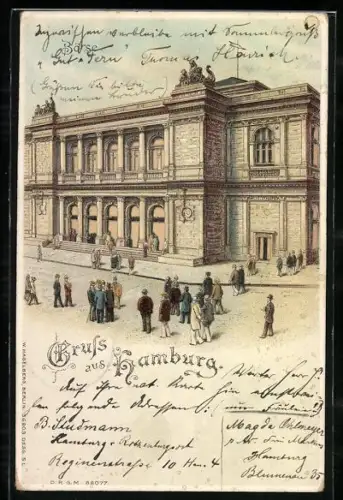 Lithographie Hamburg, Börse mit leuchtenden Fenstern im Gegenlicht, Halt gegen das Licht