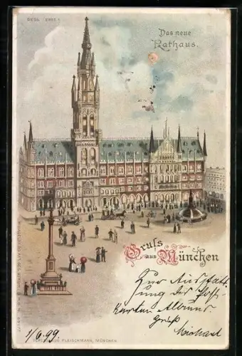Lithographie München, Das neue Rathaus, beleuchtete Fenster im Gegenlicht, Halt gegen das Licht