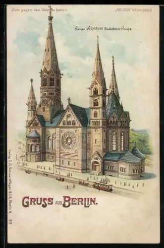 Lithographie Berlin, Kaiser Wilhelm Gedächtnis-Kirche mit Strassenbahn, im Gegenlicht bei Nacht, Halt gegen das Licht