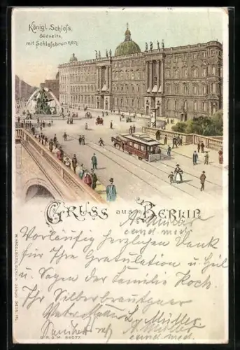 Lithographie Berlin, Königl. Schloss m. Schlossbrunnen mit leuchtenden Fenstern, Pferdebahn, Halt gegen das Licht
