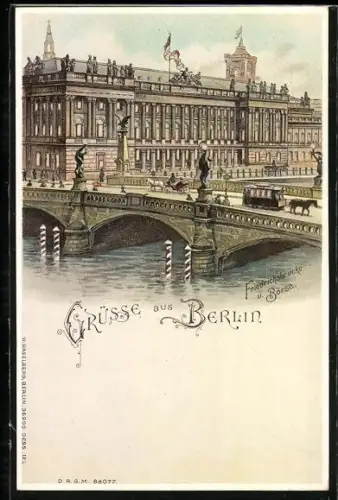 Lithographie Berlin, Friedrichsbrücke und Börse mit leuchtenden Fenstern, Pferdebahn, Halt gegen das Licht