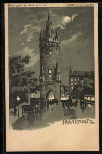 Lithographie Frankfurt a. M., Stadttor bei Nacht, Leuchtende Fenster im Gegenlicht, Halt gegen das Licht
