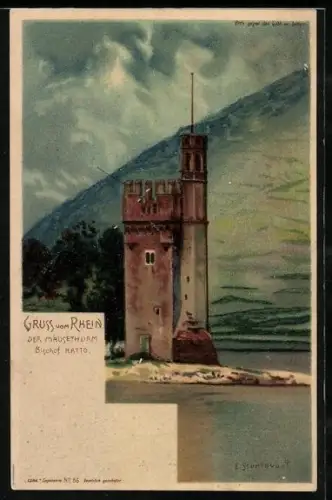Lithographie Bingen /Rhein, Mäusethurm, Bischof Hatto wird von Mäusen gepeinigt im Gegenlicht, Halt gegen das Licht