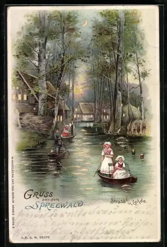 Lithographie Lehde /Spreewald, Spreewald-Kahnpartie mit Reflektionen im Wasser im Gegenlicht, Halt gegen das Licht
