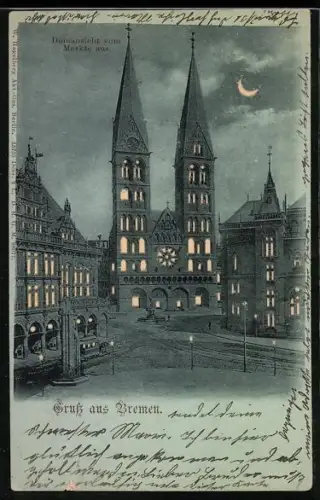 AK Bremen, Dom vom Markt betrachtet, beleuchtete Fenster und Mondsichel im Gegenlicht, Halt gegen das Licht