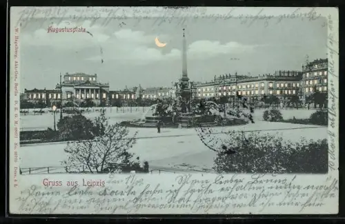 AK Leipzig, Augustusplatz mit leuchtenden Fenstern im Gegenlicht, Halt gegen das Licht