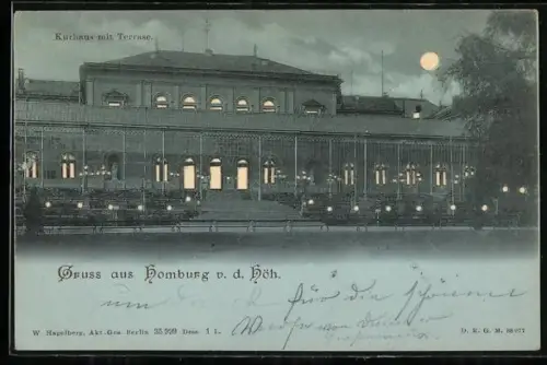 AK Homburg v. d. Höh, Kurhaus mit Terrasse, leuchtende Fenster im Gegenlicht