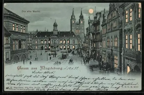 AK Magdeburg, Alter Markt, beleuchtete Fenster im Gegenlicht, Halt gegen das Licht