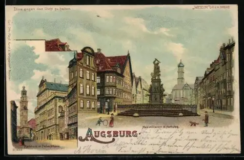 Lithographie Augsburg, Maximilianstrasse mit Herkules, Rathaus mit Perlachturm, Halt gegen das Licht